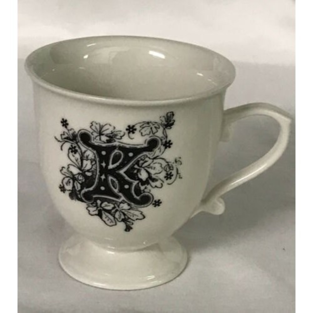 ANTHROPOLOGIE Floral Monogram Initial Letter - K - Pedestal Footed Cup Mug EUC